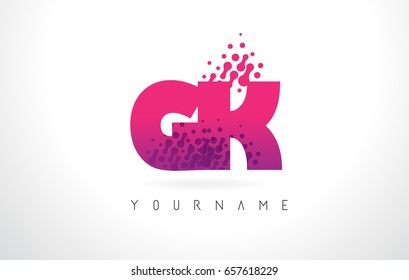 GK G K Letter Logo with Pink Letters and Purple Color Particles Dots Design.