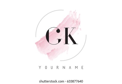 GK G K Watercolor Letter Logo Design with Circular Shape and Pastel Pink Brush.