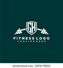 GK initial monogram for fitnes or gym logo with creative shield and barbell design