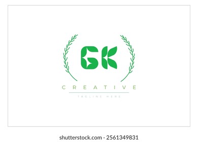 GK letters eco logo with leaf. Fresh nature and healthy leaf logo design.