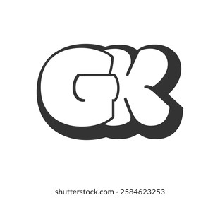 GK logo, bubble comic lettering, rounded in graffiti style black and white silhouette. Trendy preschool G and K letter text for festival party, personal initials, children funky print and web. 