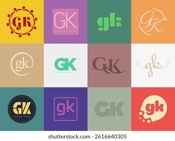 GK logo company template. Letter g and k logotype. Set different classic serif lettering and modern bold text with design elements. Initial font typography. Collection trendy business identity.