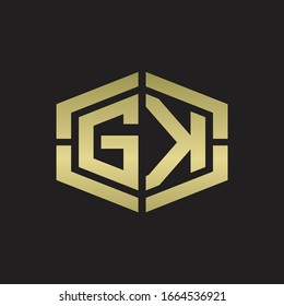 Monograma del logotipo GK con forma hexagonal y placa de diseño redondeada de la línea de la pieza con colores dorados