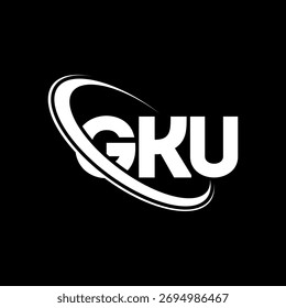 Logotipo da GKU. Carta GKU. Design do logotipo da letra GKU. Logotipo GKU inicial ligado com círculo e monograma maiúsculo. Tipografia GKU para marca de tecnologia, negócios e imóveis.