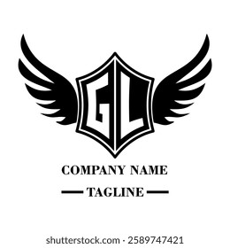 GL A bold winged shield emblem with customizable initials A-Z. Sleek black-and-white vector, perfect for branding, sports teams, motorcycle clubs, gaming,apparel and High-quality
