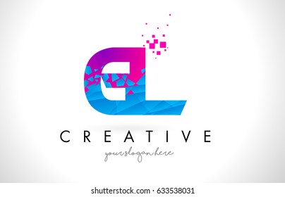 GL G L Letter Logo with Broken Shattered Blue Pink Triangles Texture Design Vector Illustration.