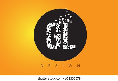 GL G L Logo Design Made of Small Letters with Black Circle and Yellow Background.