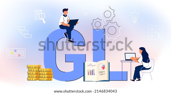 GL General Ledger\
Accounting general ledger Expenses vector illustration Bookkeeping\
accounts concept Calculator on financial statement and balance\
sheet annual
