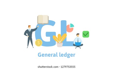 GL, General Ledger. Concept with keywords, letters and icons. Colored flat vector illustration. Isolated on white background.