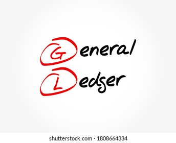 GL - General Ledger is a record of all past transactions of a company, organized by accounts, acronym text concept background