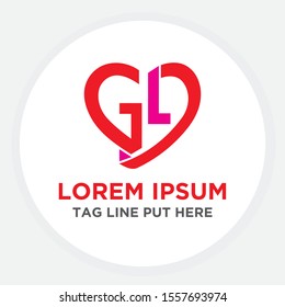 GL Initial love icon. initial logo letter GL with heart shape red colored 