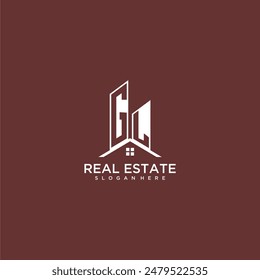 Logotipo inicial del monograma y del tejado de GL para la propiedad inmobiliaria