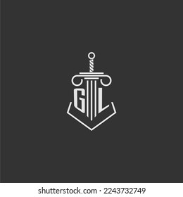 GL initial monogram law firm with sword and pillar logo design