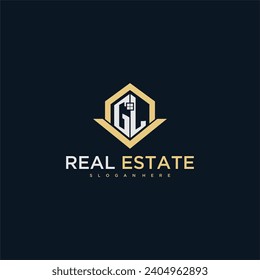 GL initial monogram logo for real estate with home shape creative design