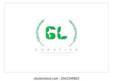 GL letters eco logo with leaf. Fresh nature and healthy leaf logo design.