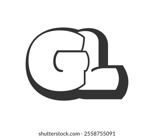 GL logo, bubble comic lettering, rounded in graffiti style black and white silhouette. Trendy preschool G and L letter text for festival party, personal initials, children funky print and web. Vector