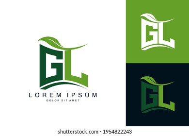 GL logo monogram with green leaf nature organic bio curved shape premium vector design template