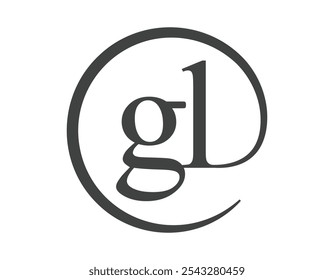 Logotipo GL de duas letras com estilo de sinal de email em forma de círculo. Logotipo redondo G e L da empresa comercial para a identidade da marca.