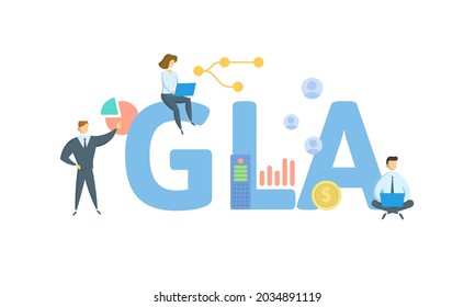 GLA, zona bruta de arrendamiento. Concepto con palabras clave, personas e iconos. Ilustración vectorial plana. Aislado en blanco.