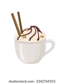 Glace coffee with crema and chocolate dragee isolated on white background. Cup of black natural coffee with ice cream added. Hand drawn vector illustration.