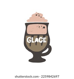 Glace coffee hand drawn illustration with typography. Cup silhouette and hot drink. Colored grunge style lettering with ink drops. Restaurant coffee card, poster design element