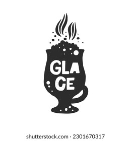 Glace coffee hand drawn illustration with typography. Cup silhouette with steam spires. Grunge style black lettering with ink drops. Restaurant coffee card, poster design element