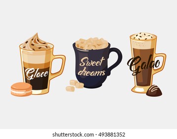 Glace coffee with ice cream and portugal galao made of espresso and milk foam, cup with iced sugar and sweet dreams text. Ideal for cafe logo and restaurant banner, coffeeshop advertisement