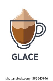 Glace coffee isolated on white background. Minimalist vector illustration for cofe shops and cafes. Hot drink with sweet freshness of vanilla ice cream with foam in transparent glass cup in flat style