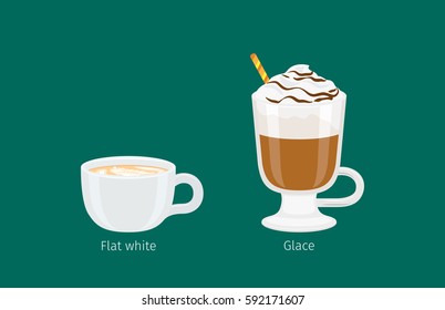 Glace and flat white coffee drinks on emerald background. Arabica in glass with foam and straw and Austrian types of coffee in ceramic cup. Minimalist vector illustration for coffee shops and cafes.