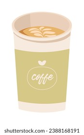 Glace, iced drink with milk or cream. Beverage made by brewing coffee with ice. Isolated plastic or paper cup with leaves pattern. Refreshing tasty brew during warm seasons. Vector in flat style