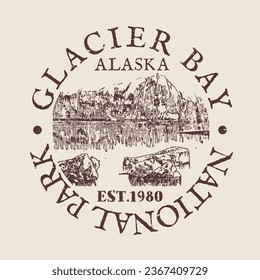 Glacier Bay, Alaska, USA Stamp Travel Passport. Design Retro Symbol Country. Old Vintage Postmark.