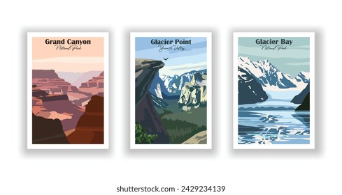 Glacier Bay, National Park. Glacier Point, Yosemite Valley. Grand Canyon, National Park - Vintage travel poster. Vector illustration. High quality prints