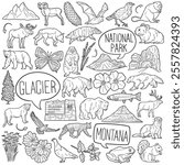 Glacier Doodle Icons Black and White Line Art. National Park Clipart Hand Drawn Symbol Design.