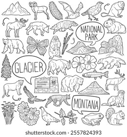 Glacier Doodle Icons Black and White Line Art. National Park Clipart Hand Drawn Symbol Design.