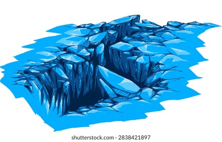 Glacier earthquake cracking effect top view digital drawing on white background.