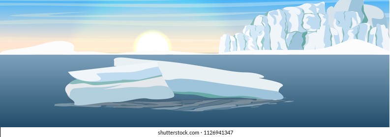 The glacier and the ice-break from it, floating in the dark cold sea. Floe. Vector landscape of the Arctic, Antarctic or Greenland. Northern landscapes.