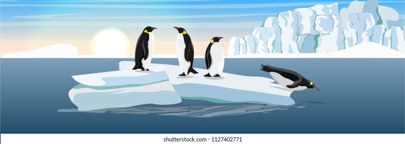 The glacier and the ice-break from it, floating in the dark cold sea. Penguins on the ice floe. Vector landscape of the Arctic, Antarctic or Greenland. Northern landscapes.