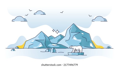 Glacier landscape with ice, snow and permafrost winter outline concept. Antarctica or north pole weather with floating iceberg and ice bears vector illustration. Climate with low temperature habitat.