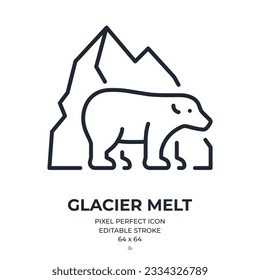 Glacier-Schmelze-Konzept bearbeitbaren Strich-Umriss-Symbol einzeln auf weißem Hintergrund, flache Vektorgrafik. Pixel perfekt. 64 x 64.