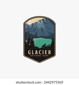 Glacier National Park logo badge emblem illustration, Beautiful Mountain lake scenery and mountain goat design