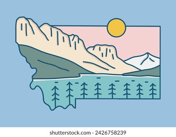 Parque Nacional de los Glaciares en Montana línea mono diseño de ilustración vectorial