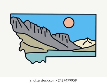 Glacier National Park in Montana Mono Linie Vektor-Illustration für T-Shirt-Abzeichen Aufkleber Design