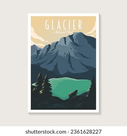 Afiche del Parque Nacional del Glaciar, hermoso paisaje del lago de montaña y diseño de afiches de cabras de montaña