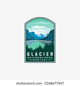 Glacier national park vector template. Montana landmark graphic illustration in badge emblem patch style.