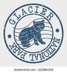 Glacier National Park, West Glacier, MT, USA Silhouette Postal Passport. Stamp Round Vector Icon. Design Travel Postmark. 