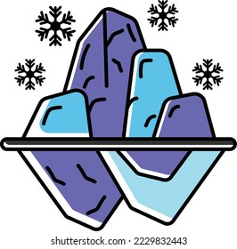 Gletscher mit Reflexionen in der Nähe des Ozeanvektorfarbenfehlbildes, Symbol der Wintersaison, Snowboarder-Equipment-Schild, extreme Stockillustration des Sports, Eisberg mit Schneeflocken Konzept