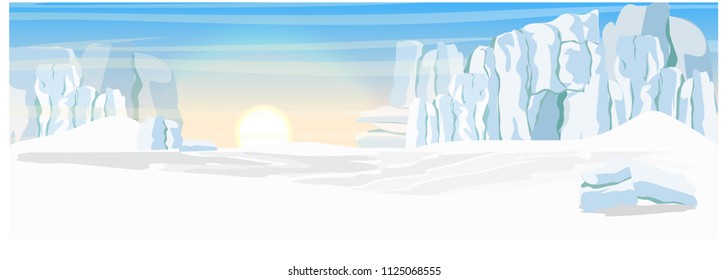 The glacier and the snow-covered plain. Vector landscape of the Arctic, Antarctic or Greenland