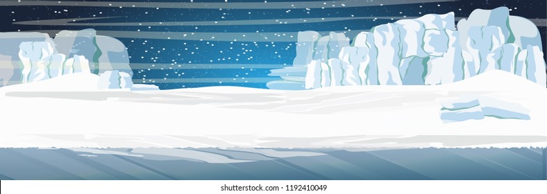 The glacier and the snow-covered plains and the dark cold sea. Starry night in the North. Vector landscape of the Arctic, Antarctica, Greenland, Alaska or Canada. Northern landscapes.