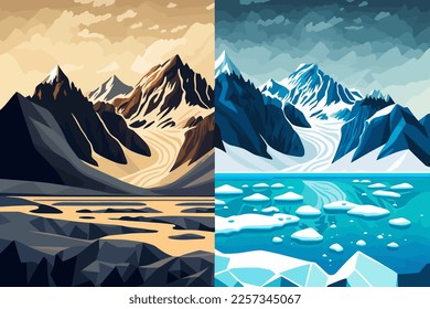 Glaciers and the icebergs of Antarctica nature landscape illustration vector in flat color cartoon style