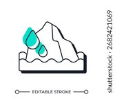 Glaciers melting offset shadow line icon. Dangerous climate change consequences. Greenhouse effect. Environment. Bold outline symbol with solid green fill. Modern flat illustration. Editable stroke